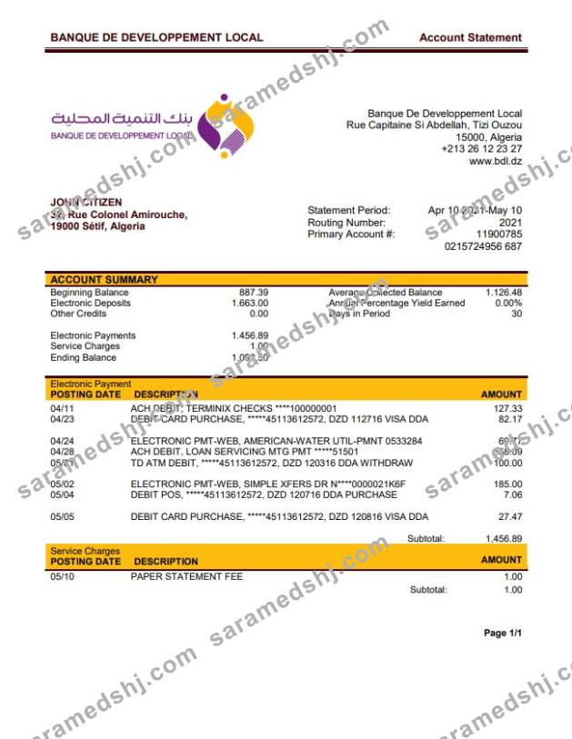 Algeria Banque De Developpement Local Bank Statement